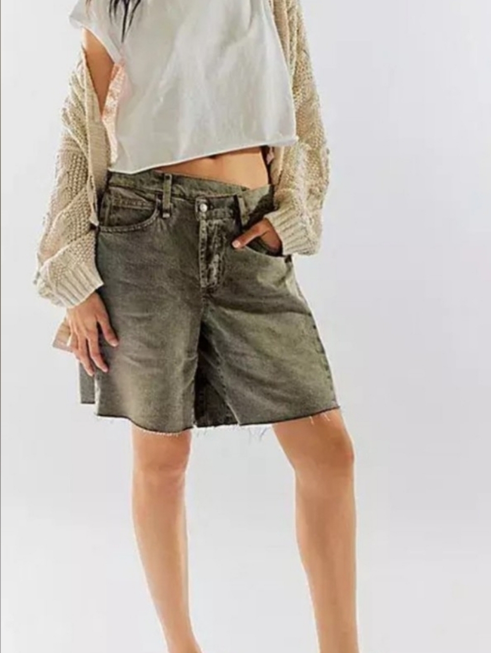 NEW Free People Gray Boomerang High Rise Overlap Button Fly Long Shorts 32
